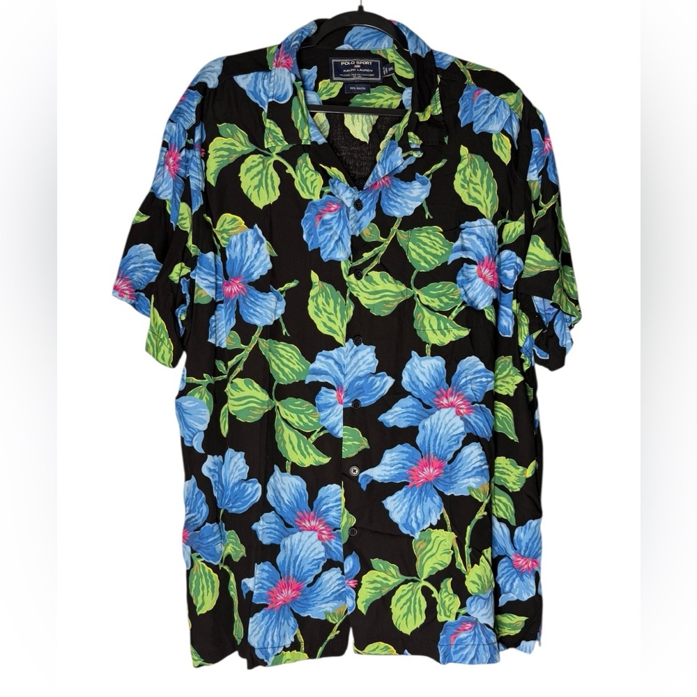 Polo Sport Ralph Lauren Hawaiian Shirt XXL Loop Collar Aloha Hibiscus Floral VTG